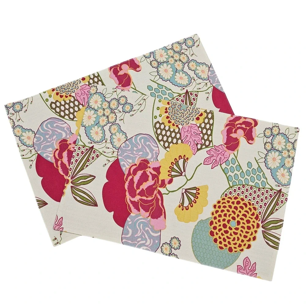 Cottagecore Boho Placemats Multicolor Floral Stripe Reversible Cloth Set 2‎